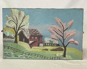 1910/1920 Vooroorlogse vintage midden van de eeuw modern origineel olieverfschilderij Pastorale scène Bomen chalet Zwitsers Zwitserland lente Orig. Brancard