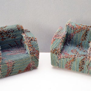 Handmade 1920s 1927 Vintage Antique Doll's House Art Deco British English PAIR (2) Cubistic Arm Club Chairs Furniture Upholstered Brocade