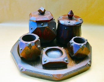 Juego de tabaco para fumadores, estilo Arts & Crafts de los años 1910/20, de madera maciza, hecho a mano.