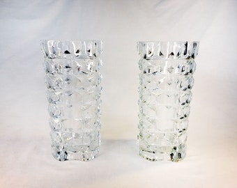 PAIR (2) Art Deco Textured Heavy Glass Vase Design 1950s to 1960s Mid 20th-Century Modern France French Style Clear Glass Crystal Modern