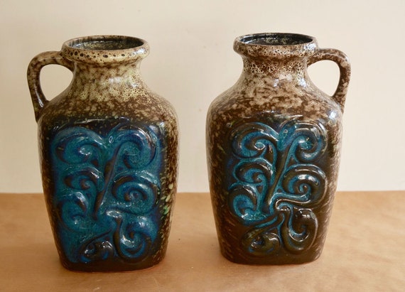 PAIR Turquoise 50s W GERMAN Pottery Vintage Fat Lava Mid