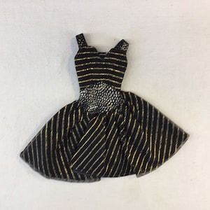 1950s/1960s Vintage Doll Clothes Mattel BARBIE CLONE Sleeveless Black Gold Stripe Dress Uneeda Dollikin Palitoy Action Girl Mego Maddie Mod