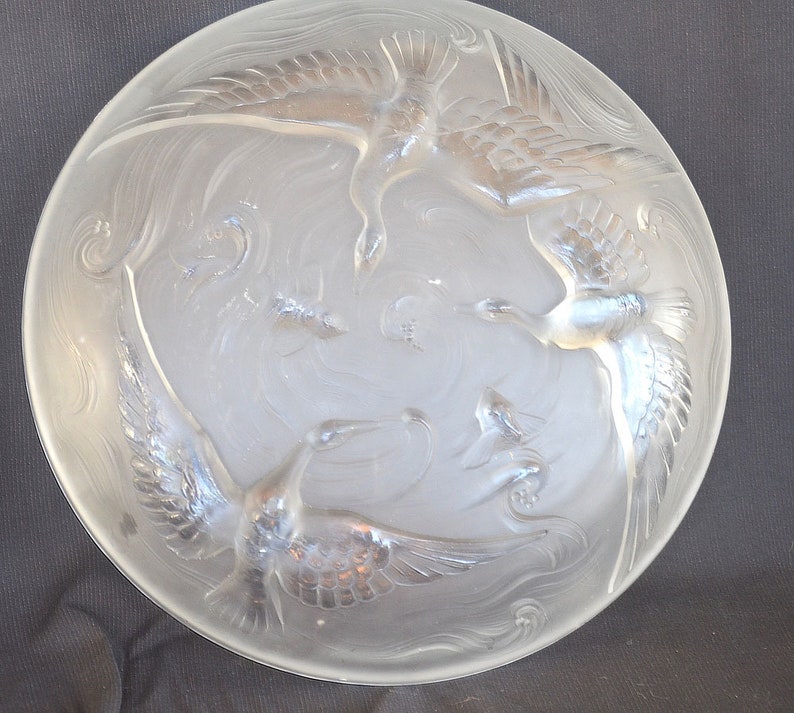 Sebino Lalique-Style VERLYS 1920s Auth.Original Art Deco French Low Bowl Designer Signed Les Canards Sauvage Frosted Cubistic Modernist