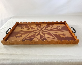 1910s/1920s ARTS & CRAFT Deco French France Vintage Antique European Hand-made All Solid Wood Inlaid Marquetry TRAY Star Directoire style