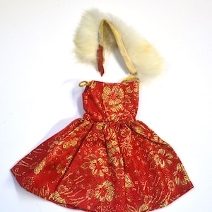 Vintage 1960s IDEAL Toys Fashion Doll TAMMY Misty 1963 Outfit &quot;Fur &#39;N Formal&quot; Red Brocade Dress & Fur Satin Edged 9176-9 EUC Japan Sindy-era