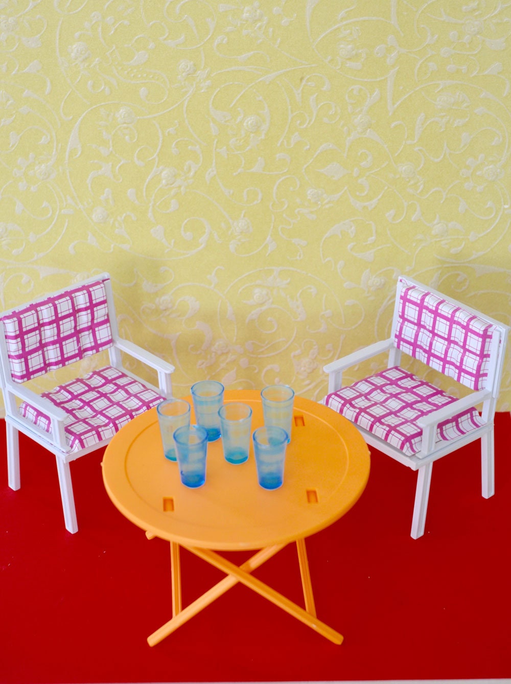 Europe 1980 Vintage Orig. MATTEL SUPERSTAR era BARBIE Skipper Doll Pedigree Sindy Terrace Garden Patio Dream House Table 2 Chairs 6 Glasses