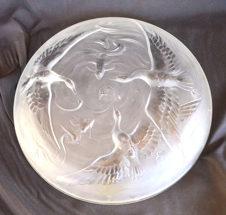 Sebino Lalique-Style VERLYS 1920s Auth.Original Art Deco French Low Bowl Designer Signed Les Canards Sauvage Frosted Cubistic Modernist