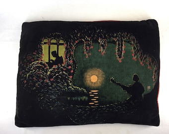 Vintage Hand-Painted Pillow French France 1910-1920 Art Deco Moon Light Scene Romantic Subject Satin Back Paul Poiret Atelier Martine-style