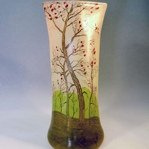 NO REPRO Genuine 1890 Antique French Legras Enameled Cameo Glass Vase Trees Forest Nature Scene Art Nouveau Flower Leaves Design Jugendstil