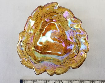 Shallow Candy BOWL Art Deco Iridescent Depression-style Pressed Carnival Glass Design Berries Leaf Pattern Indiana Glass USA 1970’s.