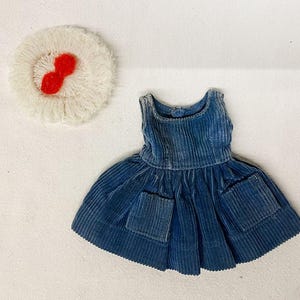 Vintage 1960s IDEAL Toys Fashion Doll Tammy Misty 1963 Outfit CUTIE COED Blue Corduroy Jumper Dress # 9132-2 & Knit Beret