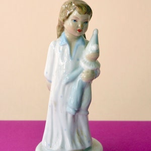 1940s/50s Vintage Mid-Century Modern Ceramic Sculptural Child Holding Doll Figurine Statue ROYAL DUX Pottery Czech Trademark Pink Triangle