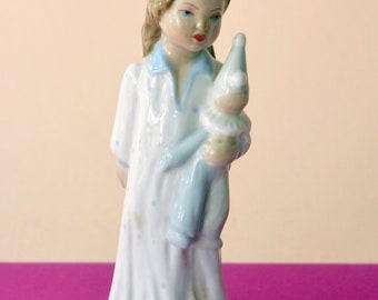 1940s/50s Vintage Mid-Century Modern Ceramic Sculptural Child Holding Doll Figurine Statue ROYAL DUX Pottery Czech Trademark Pink Triangle