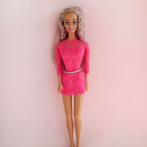 1980s/90s Doll Blonde Colored Pink Hair 1990s Vintage Mattel BARBIE Fashion European Edition Mini Dress Silver Belt Superstar Rockers-era
