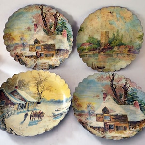 Placas de pared decorativas de cartón, antiguas, francesas y suizas, de la década de 1850/1870, con escenas de invierno, cabañas, lagos y torres.