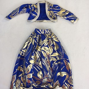 1980s Orig Vintage Superstar BARBIE Doll Mattel Gold Blue Gown Long Skirt Bolero Jacket w/ Sleeves Dress Excellent Cond. Outfit Designer