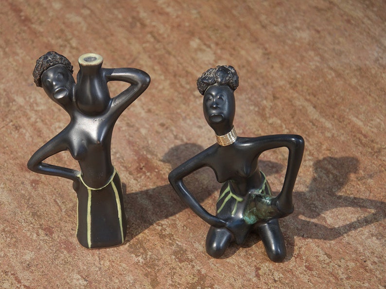 Art Deco Wiener Werkst\u00e4tte-era Austrian-style Pottery West German 1940s African Africana Tribal Hunteresse Black Women Couple Water Bearer