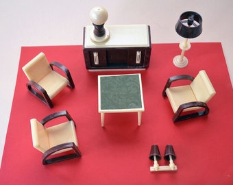 1930s Steamline Moderne Vintage Antique BAKELITE Galalith Plastic Doll House Miniature Art Deco BAUHAUS Furniture 8-Piece SALON Dollhouse