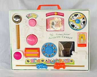 Kultige Baby Lernspielzeug AKTIVITÄT CENTER Vintage Fischer-Price Menschen Kunststoff Spielset Pop Art 70er Jahre Bewegliche Teile Lernfarbe