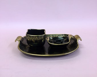 Lata 40./50. Deko, Europa, Vintage, Antyczny, Ręcznie robiony, Ceramiczny, Nowoczesna, Złoto, Czarny, Tytoń, Zestaw dla Palacza