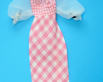 Vintage 1970s-era Superstar Mod Hair Happenin' Quick Curl Barbie Doll Mattel Fashion Clothes Gingham Checked Long Gown Outfit Presentation