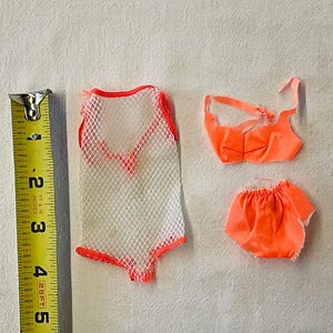 1960s Vintage Clothes Classic Doll Fashion Barbie Mattel Baby Boom Era Twist&#39;nTurn Mod Orange Mesh Living Barbie 1969 Cover-Up & SWIMSUIT