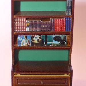 Op de afbeelding: Een miniatuur houten boekenkast met twee laden, met een groene achterwand en planken gevuld met miniatuurboeken en tijdschriften. De tijdschriften omvatten LIFE en "Modern" met afbeeldingen van mensen en een olifant.