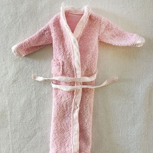 1960s/70s Original Vintage BARBIE Doll Pink Terrycloth Satin Edged Bathrobe Peignoir Robe Belt Outfit Nice Cond. Terry Washcloth fabric TLC