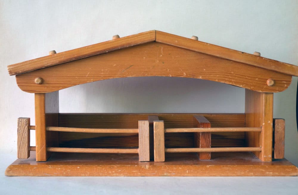 1940S-50S Vintage Antique Original Swiss Hard Wood Antonio Vitali Toy Horse Barn Animal Handmade Farm Playset Corral Stable Kurt Kaef-Era