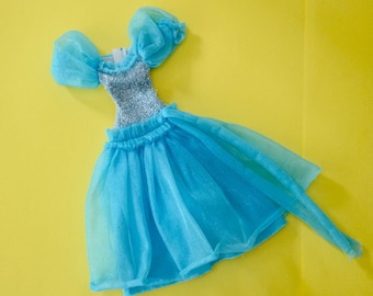 70s NANCY European Exclusive Vintage Clothes Lurex Turquoise Dress Gown Label FAMOSA Doll Mod SUPERSTAR Barbie-sized Disco-era Muñeca Poupée