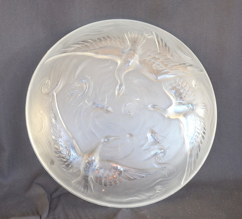 Sebino Lalique-Style VERLYS 1920s Auth.Original Art Deco French Low Bowl Designer Signed Les Canards Sauvage Frosted Cubistic Modernist