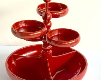 Vintage 1960s Red Plastic Mod Space Age Stacking EMSA Products Serving Tray Dish West Germany Alessi Mid-Century Modern Design Snacktoren