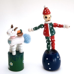 Cat Clown Pushup Puppets Painted Wood Toy Hand-made 1950s RUSSIAN FOLK ART Eastern German Tradition Erzgebirge Mountains Germany Toy Cartoon