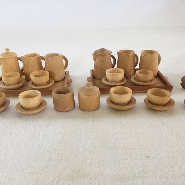 Antique Teaset Rustic 1900-20s Vintage Doll's House Mid-Century Modern Designer Trays Cups Saucers Painted Wood Doll Accessory Dora Kuhn