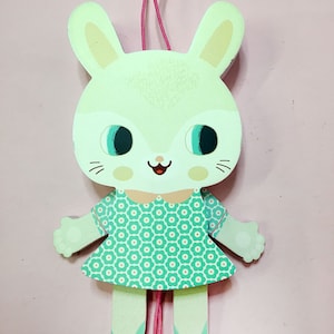1970s/80s French Vintage Mid-Century Modern Pantin Marionette DJECO Kawaii Child Hello Kitty style Rabbit Bunny Cartoon Cute Baby Toy