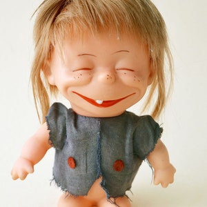 Whimsical Kawaii Vintage 50s/60s HERMAN PECKER Little Imp Moon Goon Doll Toy Vinyl Japan Cartoon FORSUM 1 Tooth Grin Caveman Rooted Hair Boy