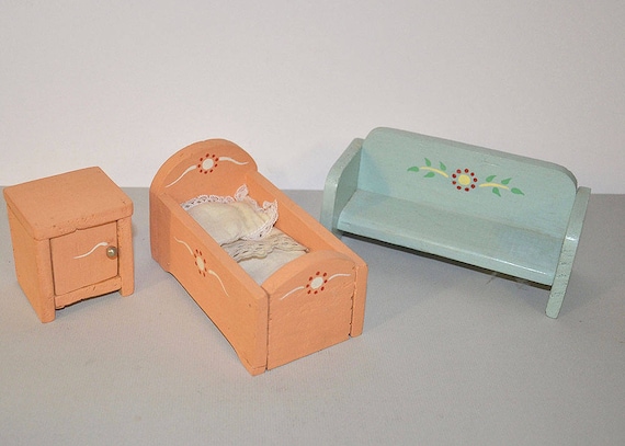 20s Vintage Antique Doll House Miniature Art Deco Poiret Atelier Martine  French Naive by NILS Bed Painted Bedside Table Sofa Furniture Wood