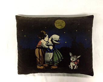 Vintage Hand-Painted Pillow French France 1910-1920 Art Deco Moon Light Scene Romantic Subject Velveteen Paul Poiret Atelier Martine-style