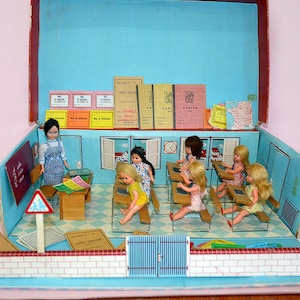 Vintage Antique French 40s/50s Cardboard Wood Furniture Miniature School Room Class Student Dolls Teacher Doll School Accessories MIB Boxed