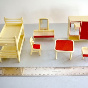 1960s-70s Vintage Antique JEAN German Dollhouse Plastic Bunkbeds Doll's Bedroom Wardrobe Vanity Table Chair Endtable Closet House Furniture