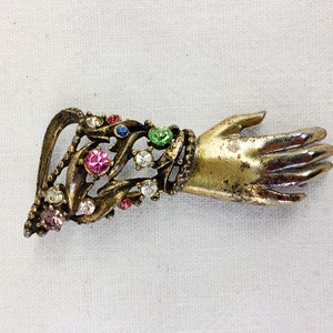 Vintage Antique 1940-50s Surrealist Hand Gauntlet Glove Rhinestone Brooch Haute Couture Alta Moda Designer-Made in France Facetted Stones