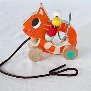 1980s JANOD Mid-Century Modern Vintage Antique Folk POP Art France French Lacquered Hard Wood Toy Car Pull Toy Kawaii Cartoon Cat with Beads