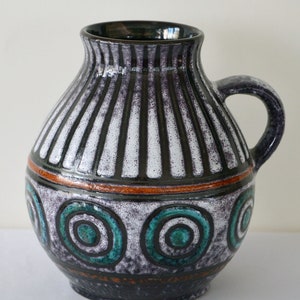 50s FRENCH POTTERY VASE Vintage Antique Fat Lava Mid-Century Modern Art Deco Ceramic Circles Stripes Motif Glazed Turquoise Vallauris France