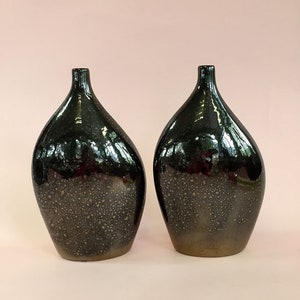 Pair (2) 40s/50s ? Vintage Mid-Century Modern Ceramic Biomorphic Freeform Scandinavian-type Mottled Glaze Danish Finnish Sweden Ovoid Bottle