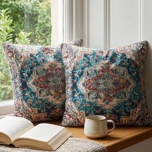 May include: Two square throw pillows with a detailed, ornate pattern in teal, red, and cream colors. The pillows are placed on a wooden window ledge, next to an open book and a ceramic mug. The pillows have a vintage, bohemian style.