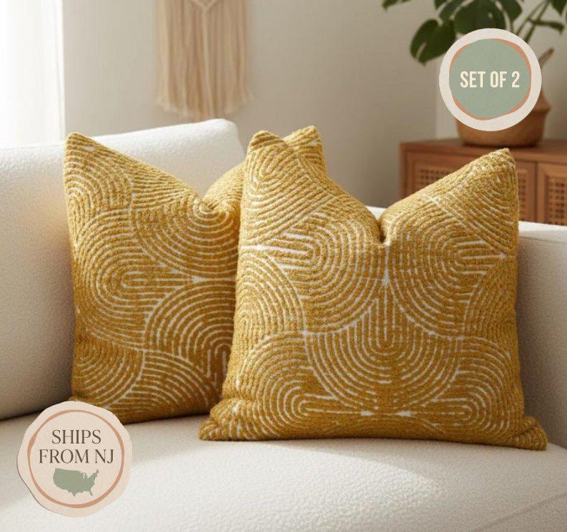 Mustard Yellow Boho Pillow Cover Set Of 2 – Textured Geometric Cushion for Modern Farmhouse Decor image 1