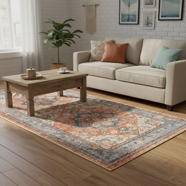 Peut inclure: Tapis rectangulaire orn&eacute; d'un motif traditionnel complexe aux tons orange, bleu et cr&egrave;me. Le tapis est pos&eacute; sur un parquet dans un salon, avec une table basse en bois et un canap&eacute; beige en arri&egrave;re-plan.