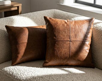Cognac Faux Leather Throw Pillow Cover Modern Farmhouse Vegan Cushion Case for Living Room Decor Caramel Brown Accent Pillow