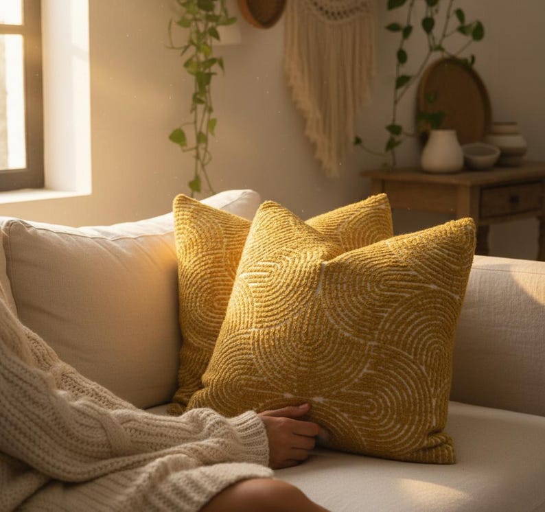 May include: Two mustard-yellow throw pillows with a white, concentric circle pattern rest on a cream-colored sofa. The pillows are square and textured, adding a decorative element to the living room. A person wearing a cream-colored sweater is seated on the sofa.