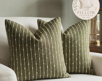 Lot de 2 coussins vert olive en boucle pour décoration de ferme moderne, coussins tissés texturés pour canapé, rayures vert mousse